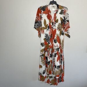FUZZI Dress Womens XS Leaf Print Tulle Ivory Orange Brown A-Line Ruffle Midi
